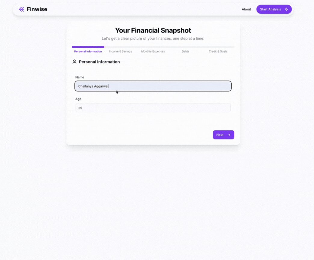 Finwise AI app showing a collection prompt